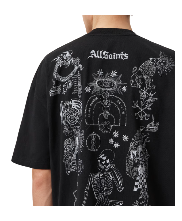 AllSaints TERRA Oversized Graphic T-shirt in jet black with hand-drawn graphic and vintage feel.