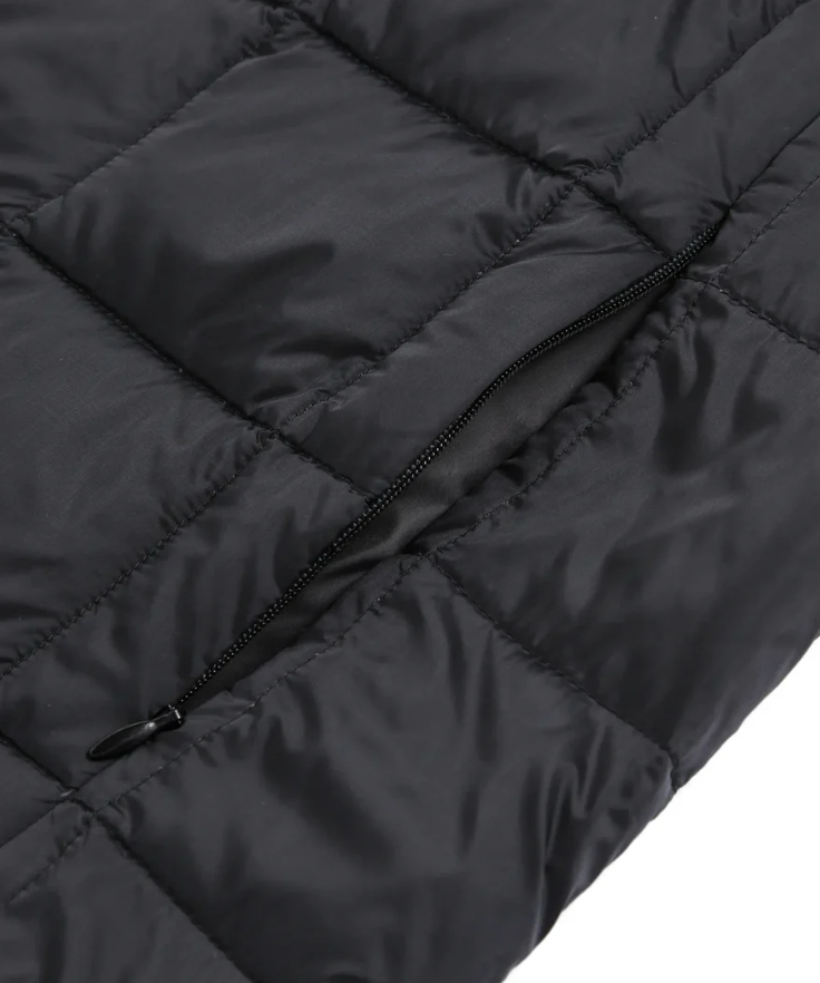 TAION Basic Hood Down Jacket in black with W-zip front and included storage bag.