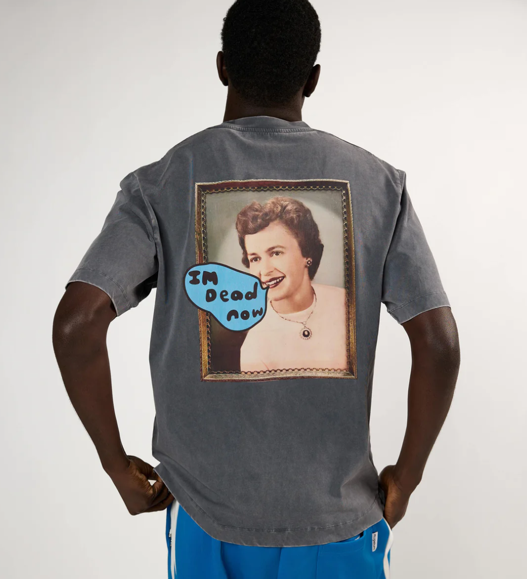 HOPEIUM men’s “I’M DEAD NOW” T-shirt in washed grey with photo print on back and regular fit.