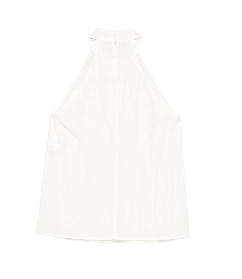 Natural white neckholder top by Tela, made in Italy with halter neckline and back button closure for chic, minimalist style.