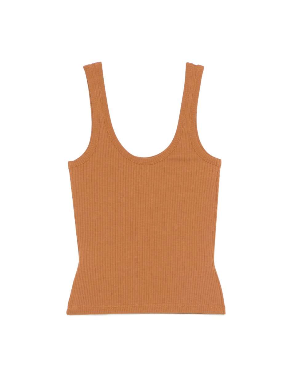 Tela D. Sofia ribbed tank top in biscotto with scoop neck and sleeveless design.