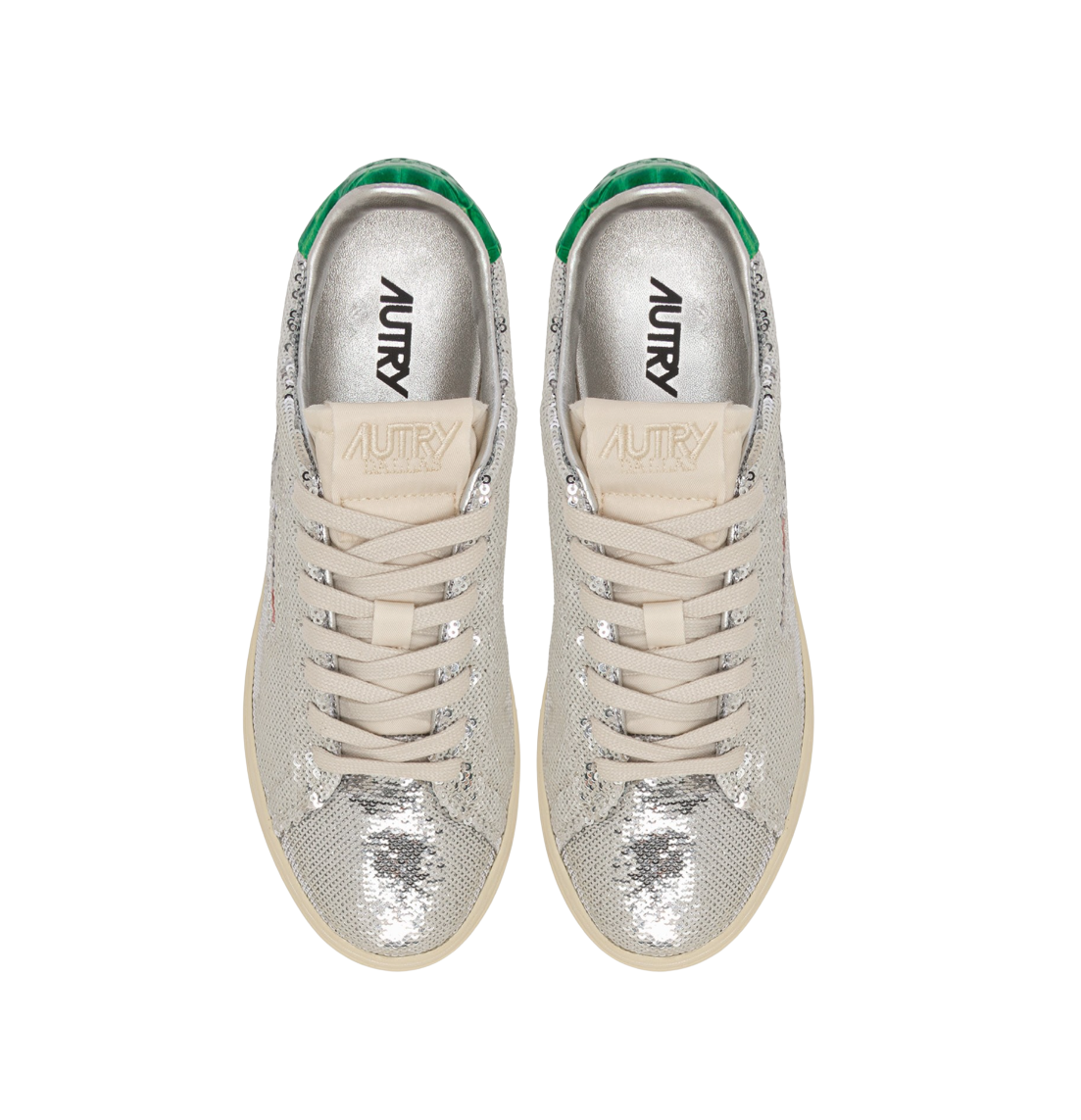 Autry Women’s Dallas Low Sparkling Sneakers in Silver and Green, Sequined Low-Top Shoes, Style ADLWTI01