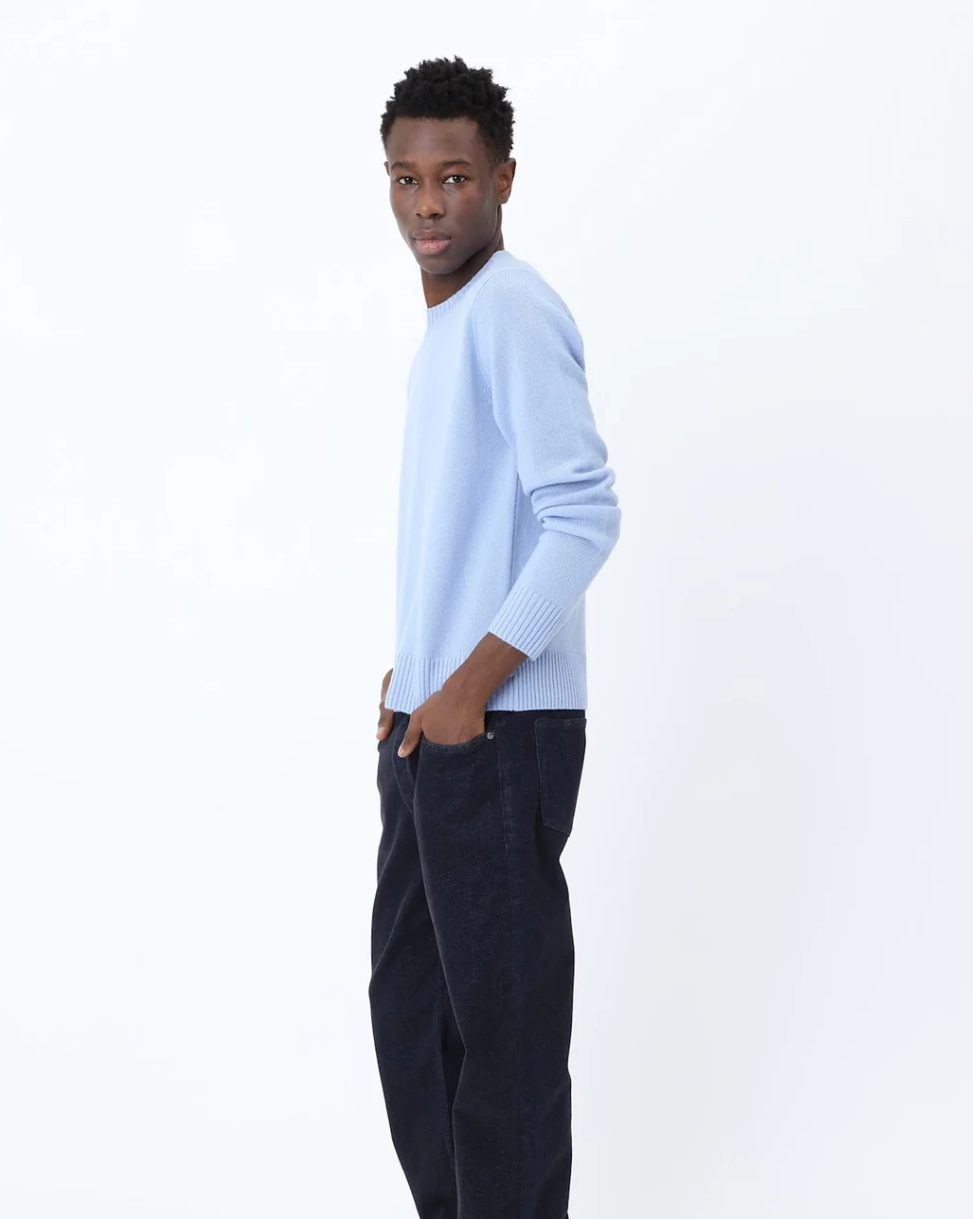 Won Hundred Rune Cashmere Knit Sweater for men in Brunnera Blue, crafted from a soft wool and cashmere blend with refined ribbed detailing.