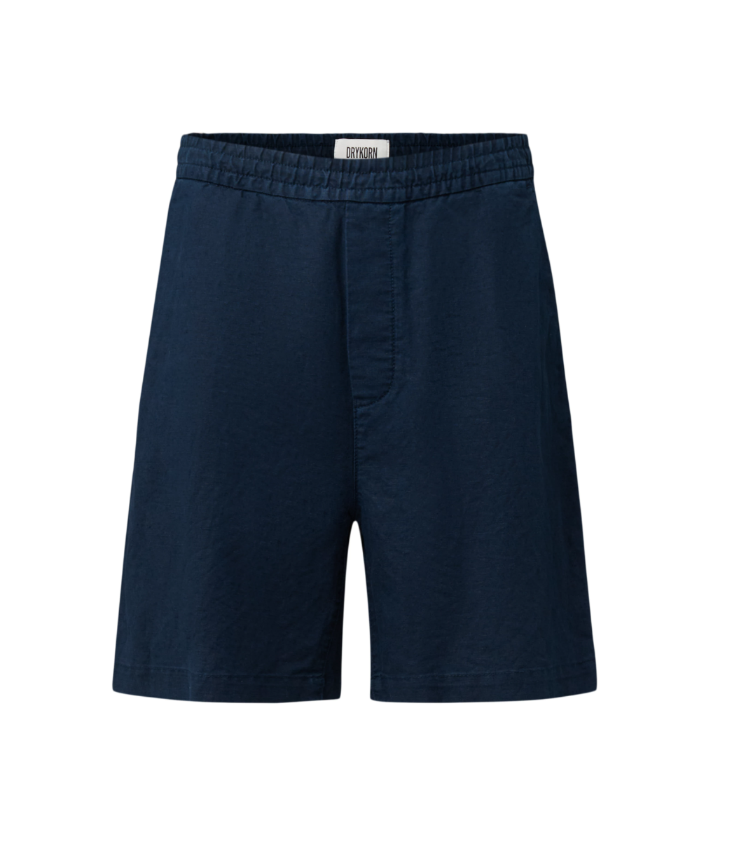 Drykorn SAYO shorts in a rich blue with elastic waistband, linen-cotton blend, and relaxed fit.