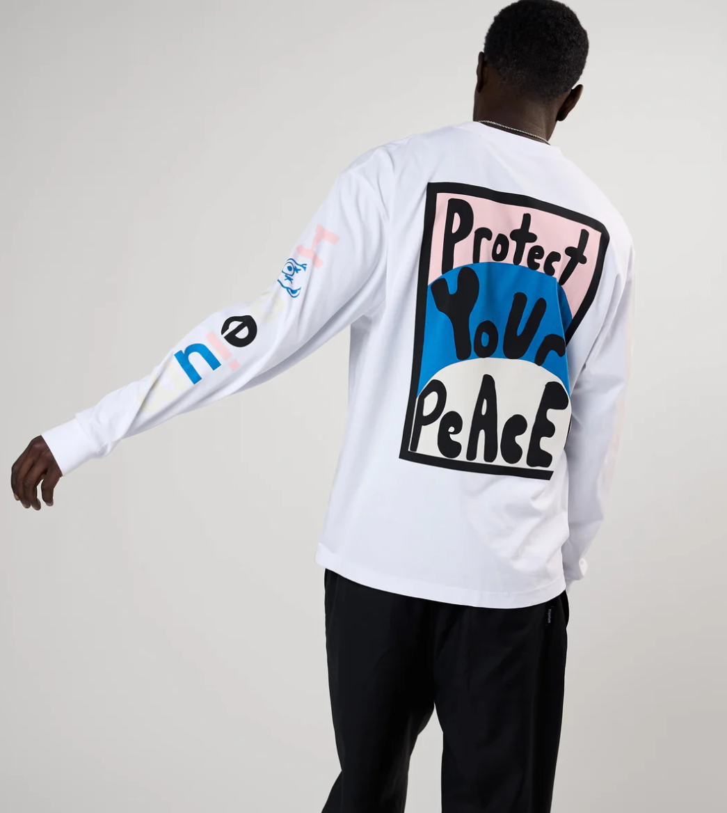HOPEIUM “PROTECT YOUR PEACE” longsleeve T-shirt in white with sleeve logo and back print.