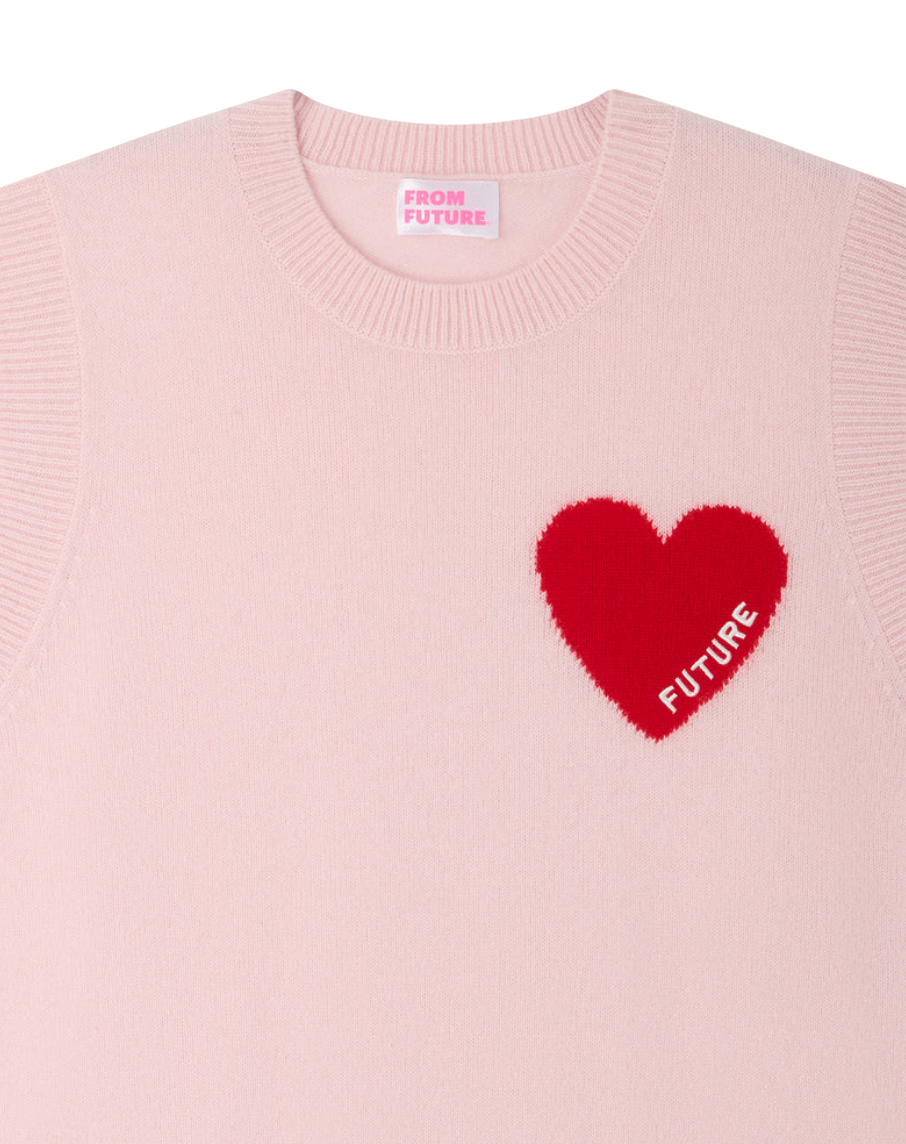 Cropped sleeveless cashmere sweater by From Future with heart intarsia, oversized fit, and GCS-certified knit for soft luxury style.