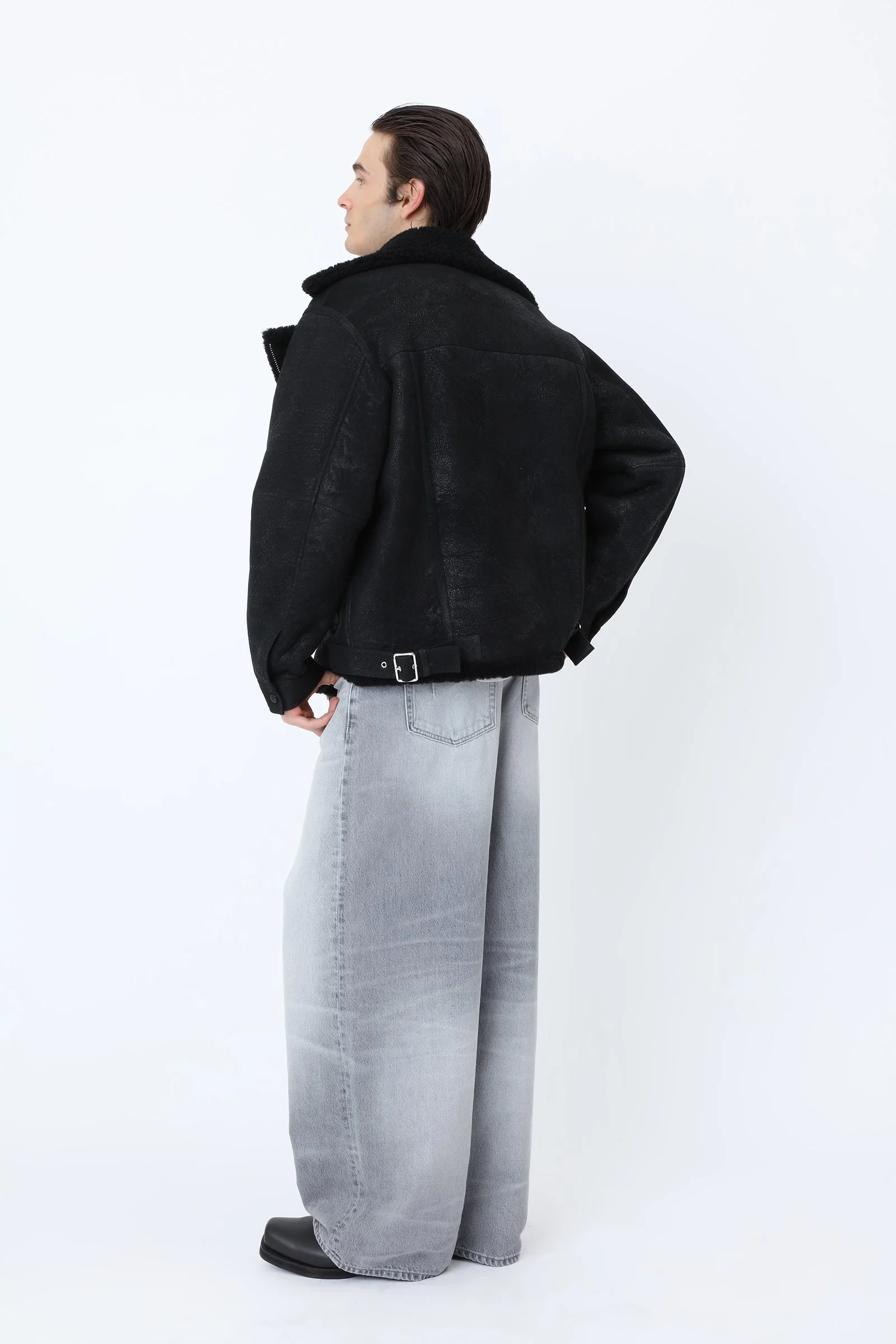 Won Hundred REMIS Shearling Jacket for men in Black, crafted from 100% lamb shearling with an oversized fit and asymmetric zip.