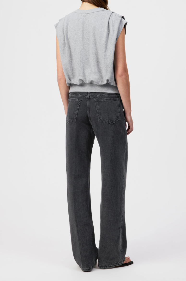 Grey CALLUNA oversized top by Drykorn in soft French Terry with cropped O-shape fit and shoulder pleat details for relaxed style.