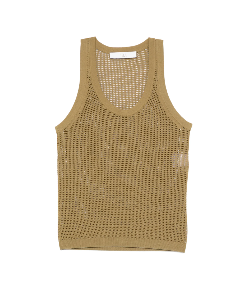 Mustard yellow knitted tank top by Tela, made in Italy with scoop neckline and textured knit design for modern styling.