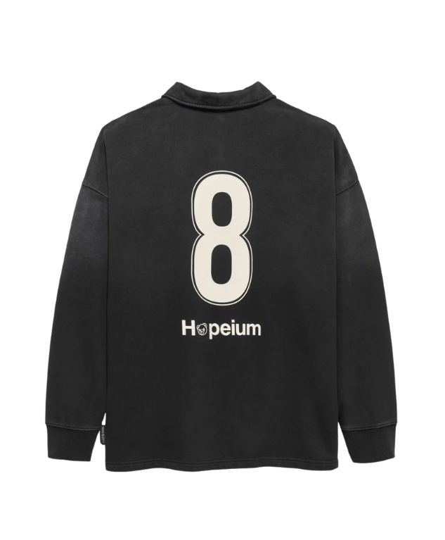 HOPEIUM Football Polo Sweat in washed black with front print, infinity back graphic, and oversized fit.