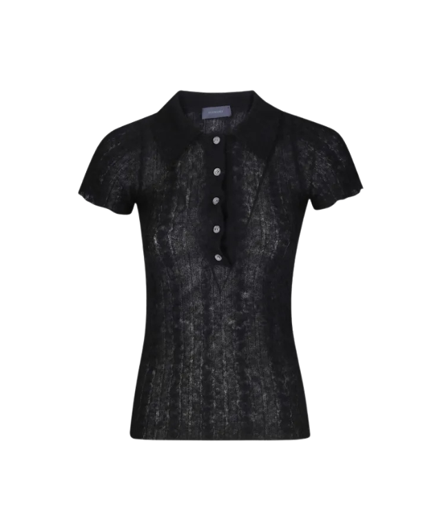 Haikure LAURIE Polo Shirt for women in Black with a semi-transparent cable-knit texture, polo collar and short sleeves. Made in Italy.