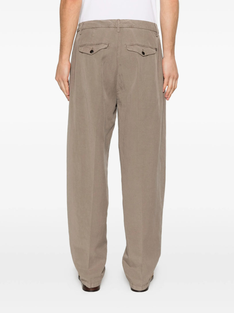 Dondup Mason trousers in brown linen-lyocell blend with relaxed fit, pressed creases, and chino styling.