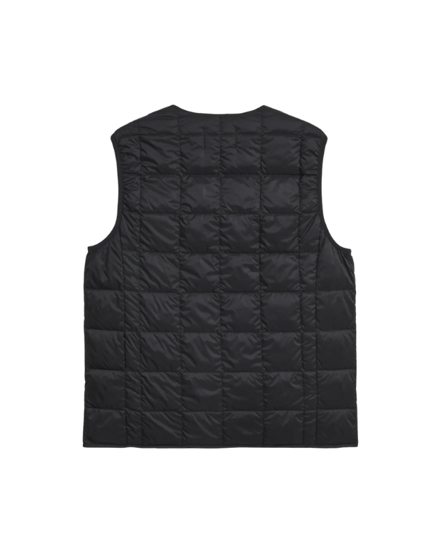 TAION Basic V-Neck Button Down Down Vest in black with snap buttons and lightweight design.