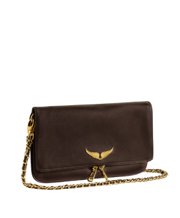 Zadig&Voltaire Rock clutch in Brownie grained leather with crystal wings and removable chain straps.