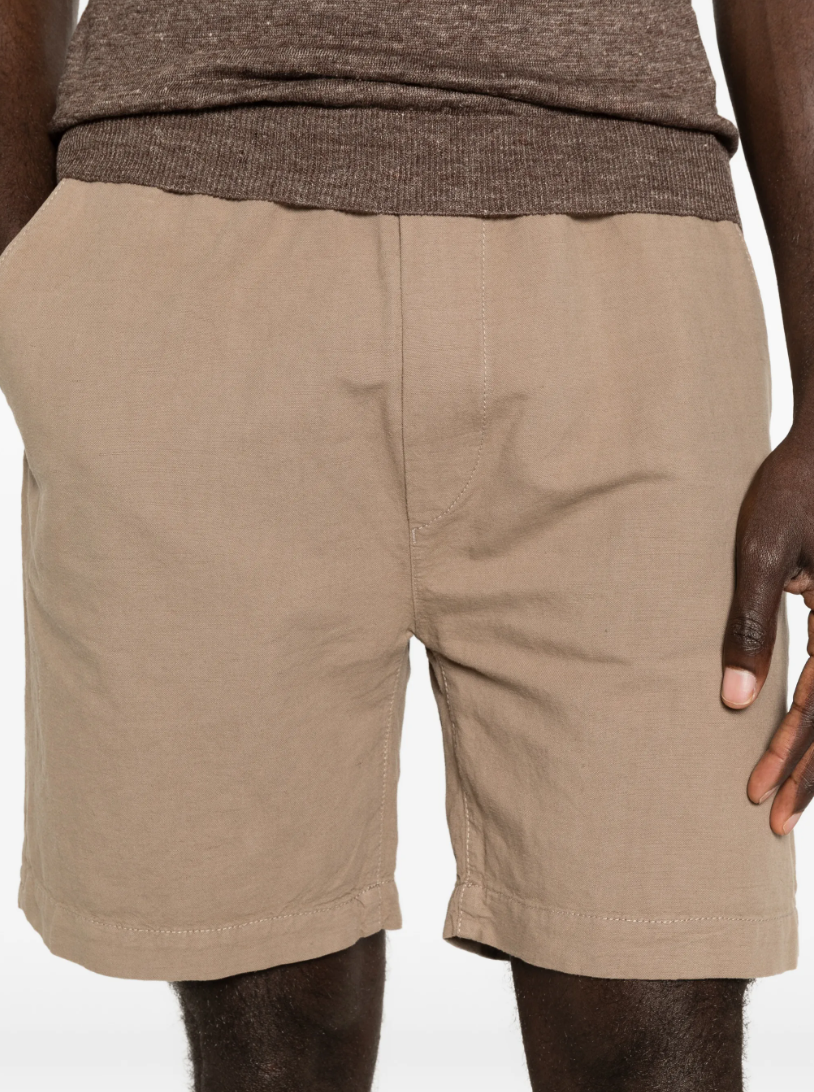 Drykorn SAYO shorts in beige with elastic waistband, linen-cotton blend, and relaxed fit.