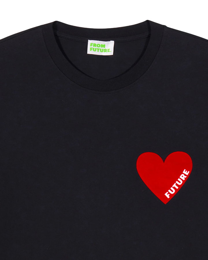 Black men’s cotton crewneck T-shirt by From Future with heart chest graphic, regular fit, and soft feel for everyday style.
