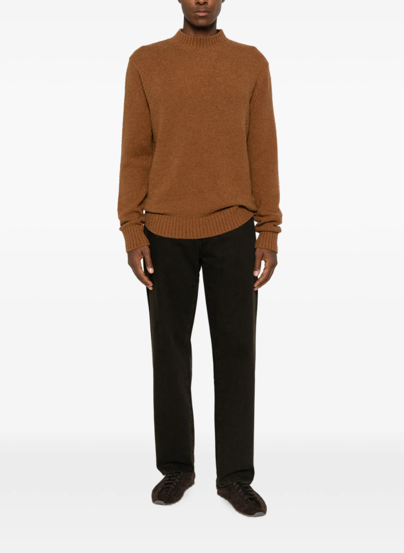 Drykorn men's brown bouclé knit sweater with turtleneck and regular fit.