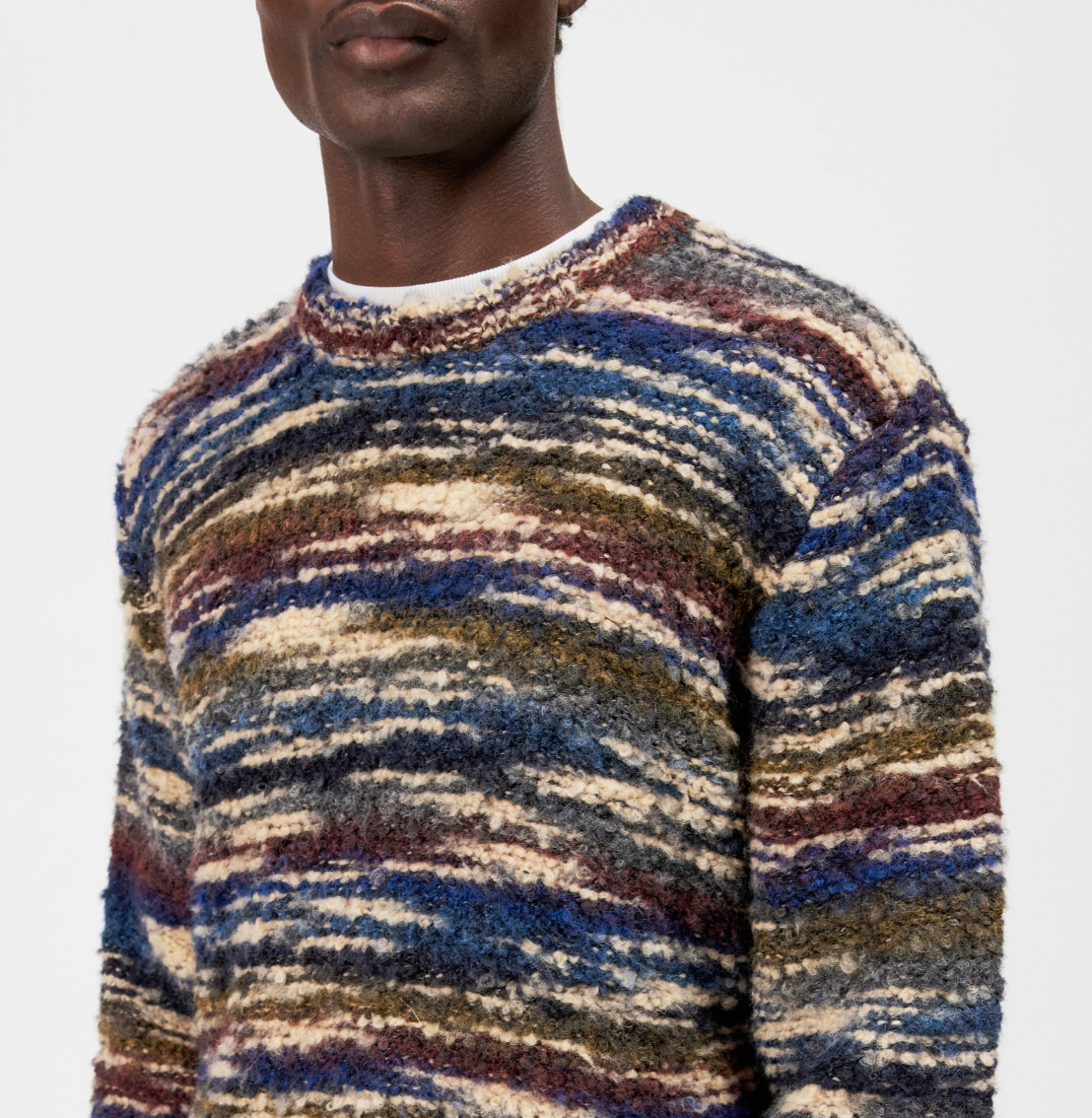 Drykorn LEANDO knit sweater for men in Smoky Blue with a relaxed fit, multicoloured space-dye effect and soft brushed wool blend.