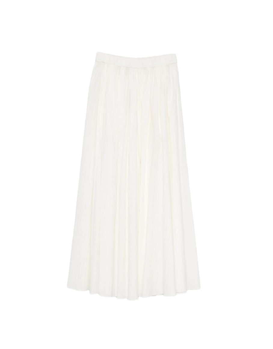Natural white pleated maxi skirt by Tela, made in Italy with elastic waistband for a flowing, elegant silhouette.