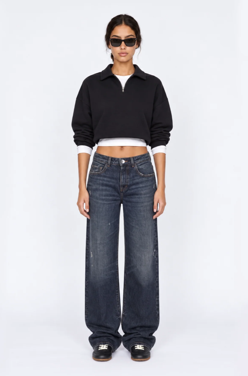 ICON DENIM BEA Wide Leg Jeans for women in After Dark, crafted from 100% cotton rigid denim with a relaxed wide-leg fit and low-rise waist.