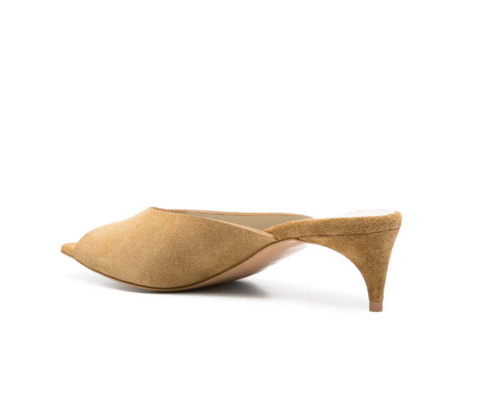 Mustard square-toe slippers by Tela in suede, made in Italy with peep-toe design and curved heel for chic modern style.