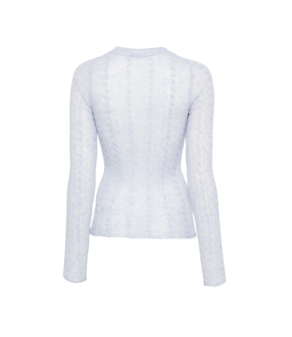 HAIKURE SEY Cable-Knit Sweater in Light Blue featuring a semi-sheer finish, intricate cable-knit texture and classic crew neckline.