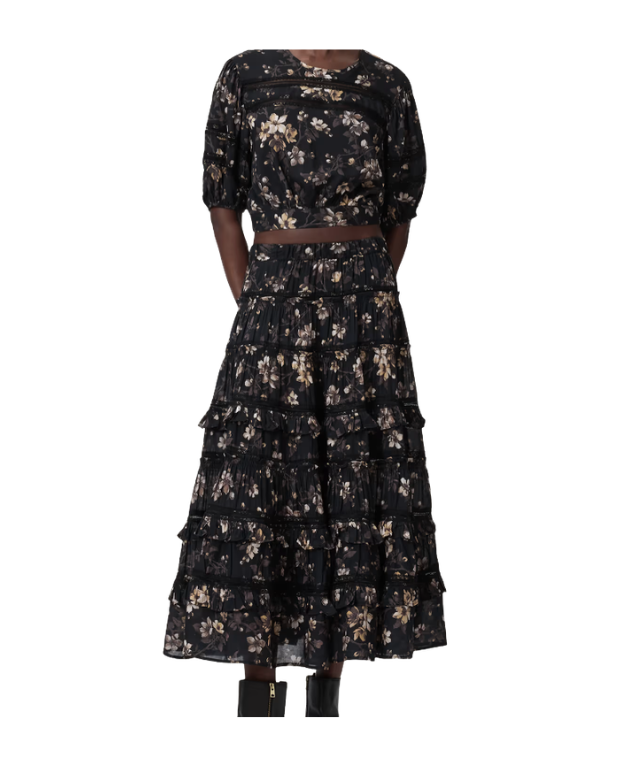 AllSaints TALIA Printed Midi Skirt in vine black with elasticated waistband and tiered lace frill detailing.