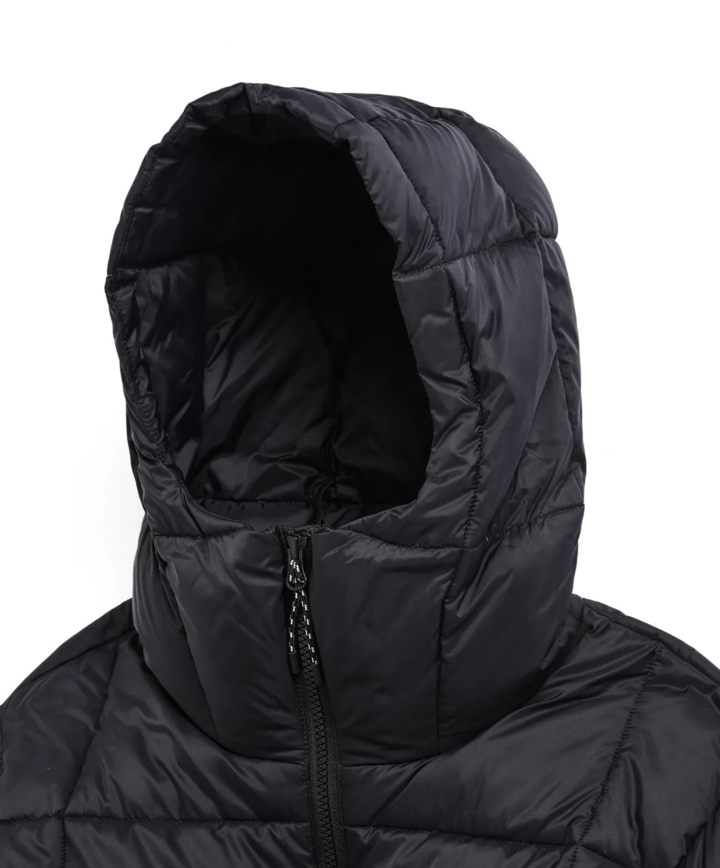 TAION Unisex Mountain Packable Volume Down Hood Coat in black with 800FP down and included storage bag.