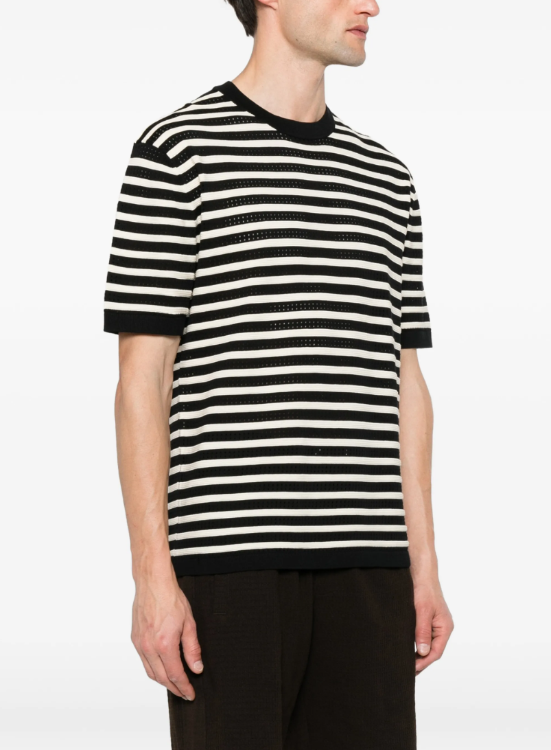 Drykorn DERICO knit T-shirt in black with open-knit texture, subtle stripes, and a regular fit.