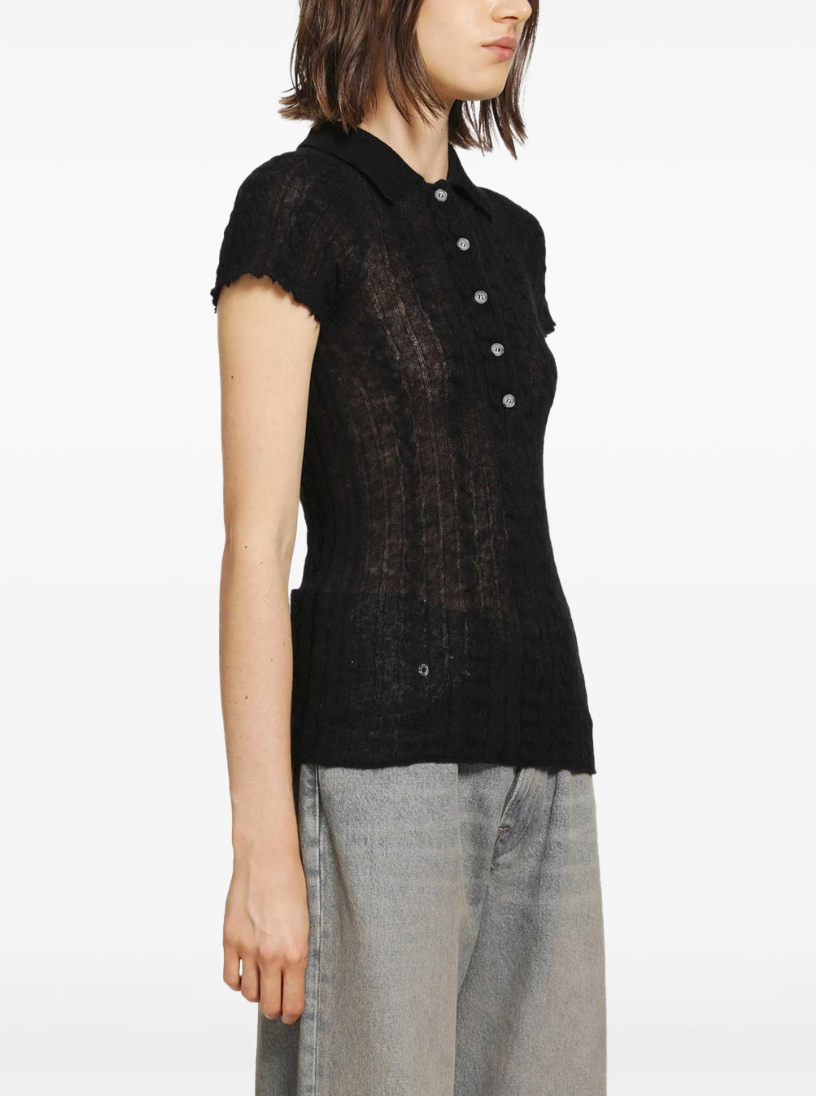 Haikure LAURIE Polo Shirt for women in Black with a semi-transparent cable-knit texture, polo collar and short sleeves. Made in Italy.