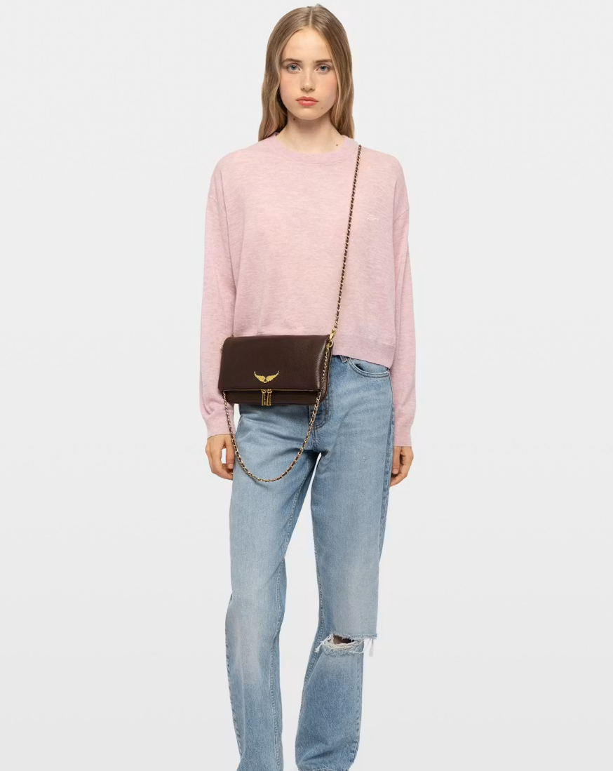 Zadig&Voltaire Rock clutch in Brownie grained leather with crystal wings and removable chain straps.