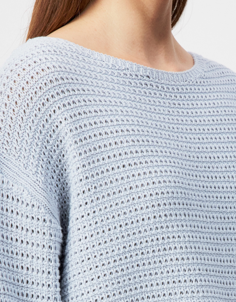 Blue cropped oversized sweater by Drykorn with boat neckline and chunky cotton knit for relaxed contemporary style.