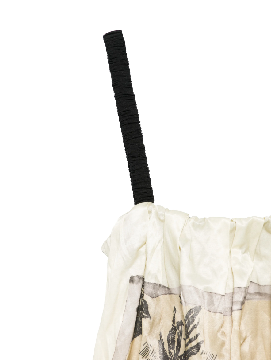 Tela D. Erin midi dress in beige with floral print, straps, and gathered details.