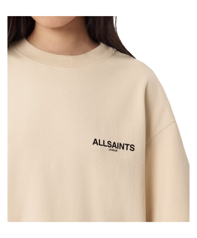 AllSaints HALIS Amelie oversized T-shirt in sandy white with front logo artwork and large Halis back print.