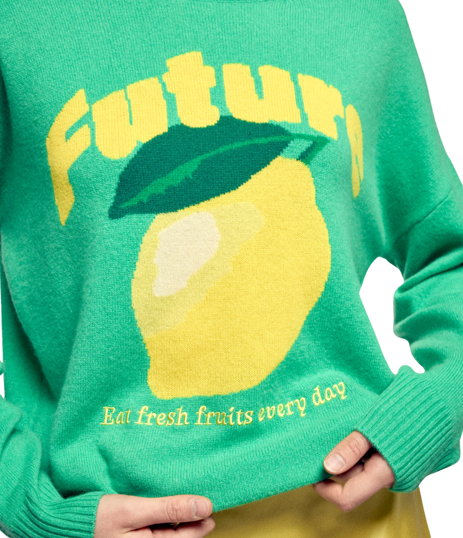 Garden Party Green cashmere sweater by From Future, featuring lemon intarsia motif, oversized fit, and sustainable certified knit.