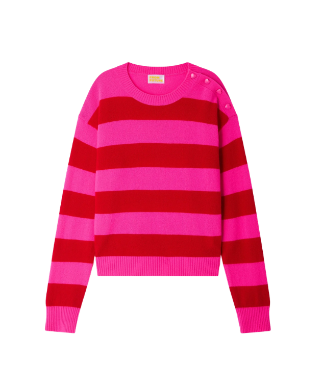 From Future striped cashmere sweater in flash pink with heart buttons and two-tone stripes.