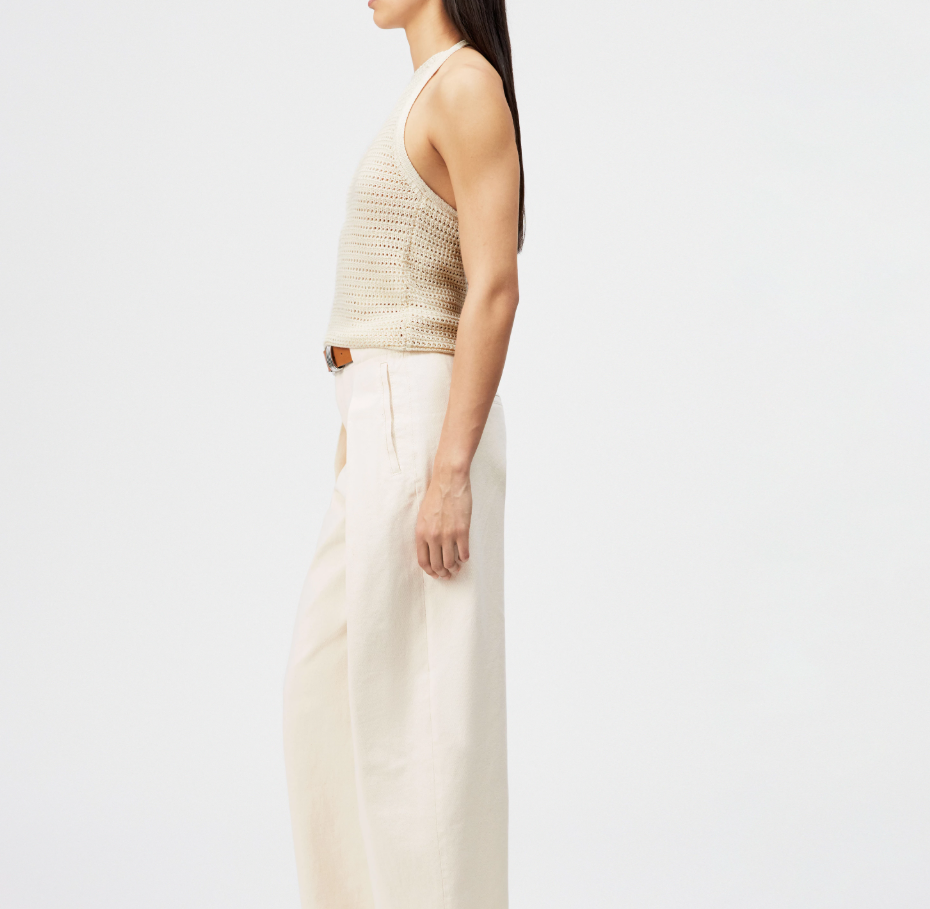Drykorn AKWY knit top in natural white with halter neck, slim fit, and cropped length in 100% cotton.