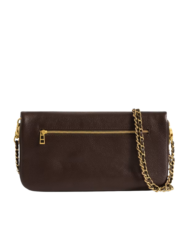 Zadig&Voltaire Rock clutch in Brownie grained leather with crystal wings and removable chain straps.