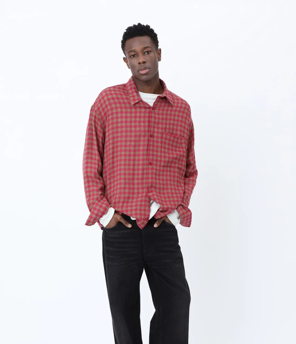 Won Hundred Mason Check Shirt for men in Granita Pink with a lightweight wool blend and magenta check.