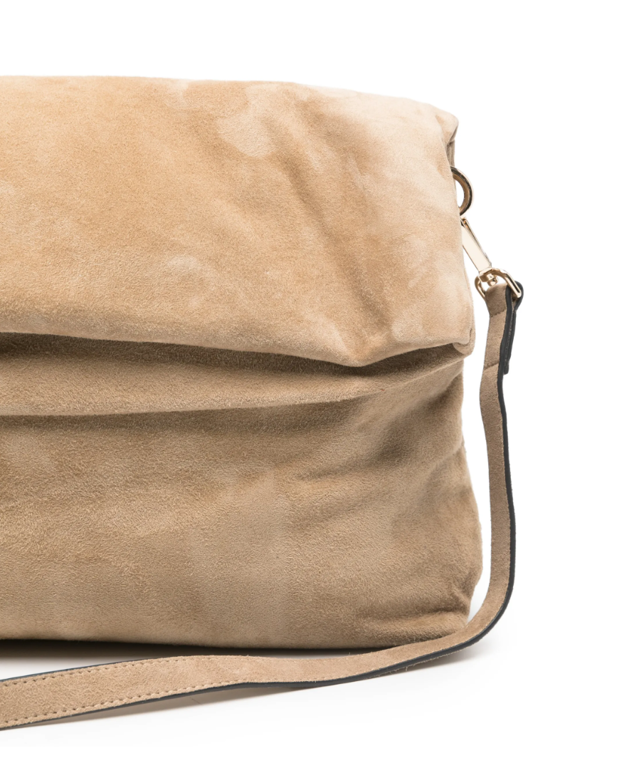 Tela beige leather clutch with flap, gold-tone hardware, shoulder strap, and zip closure.