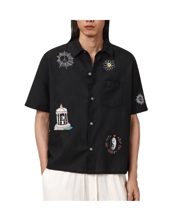 AllSaints KARLTON Embroidered Boxy Shirt in jet black with resort collar, chest pocket, and relaxed boxy fit.