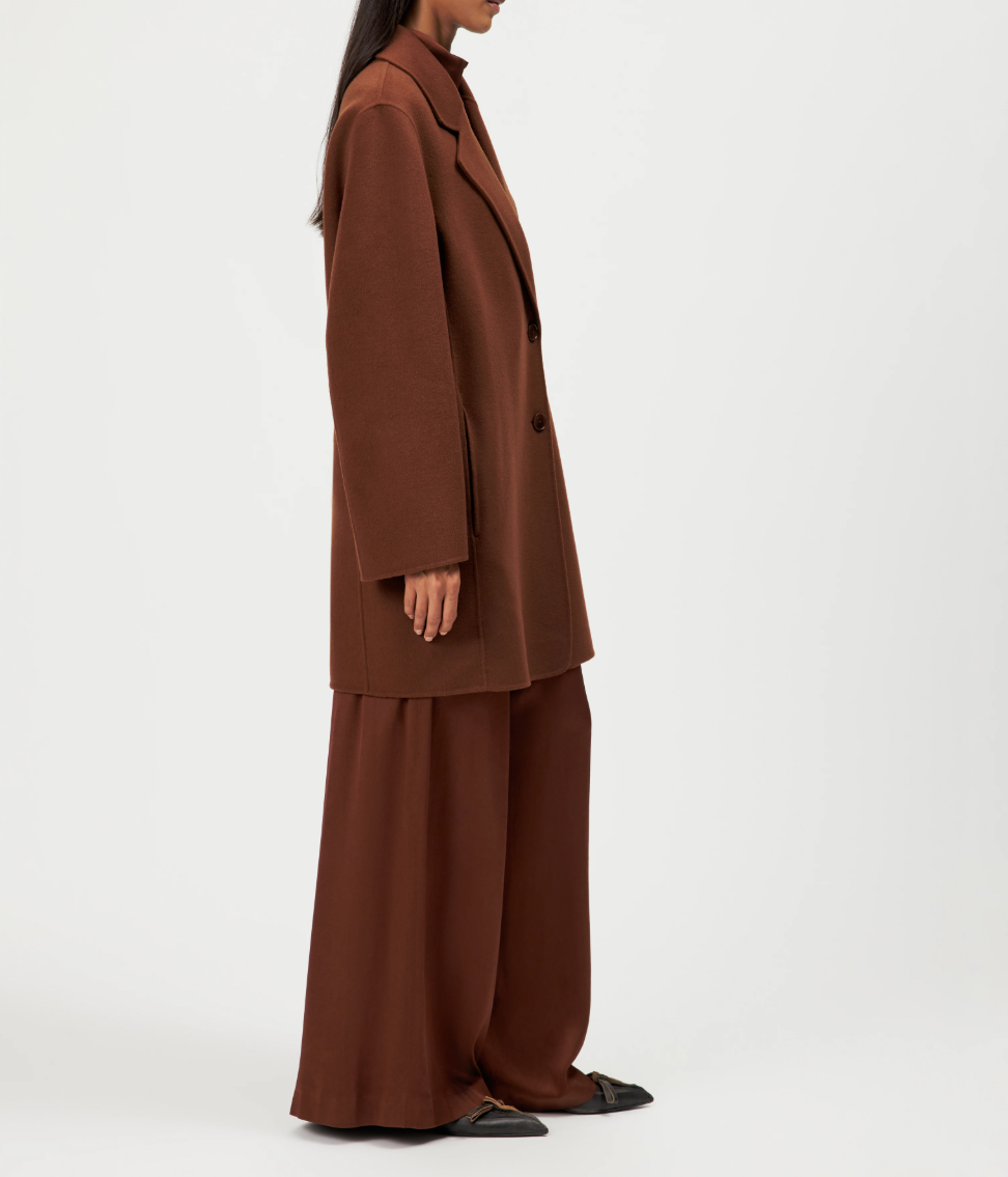 Drykorn RYTON Coat for women in Chocolate Fondant, crafted from a soft doubleface wool blend with a relaxed fit and elegant lapel.
