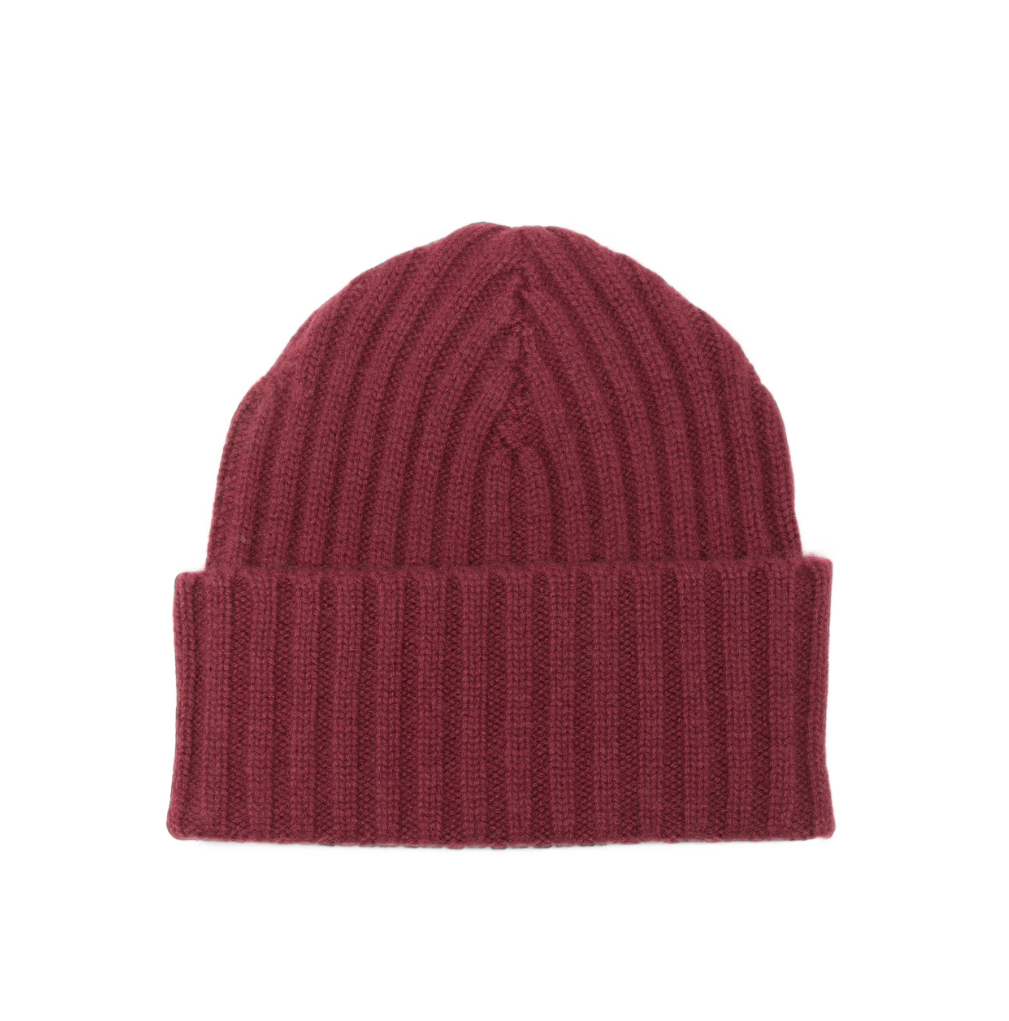 WARM-ME POPEYE Cashmere Beanie in Maroon Banner, hand-knitted in Nepal from 100% Mongolian cashmere with a structured ribbed design.