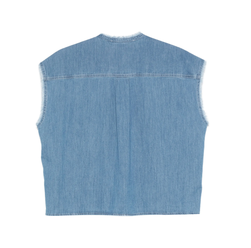 Blue sleeveless denim shirt by Tela, made in Italy with flap pockets and frayed details for a modern, edgy look.