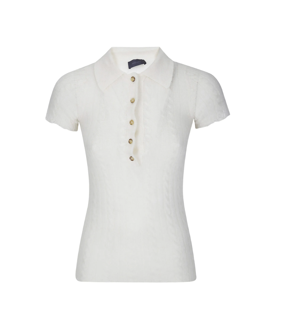 HAIKURE LAURIE Knit Polo Shirt in Butter featuring a semi-sheer finish, polo collar, button closure and raw-edge detailing.