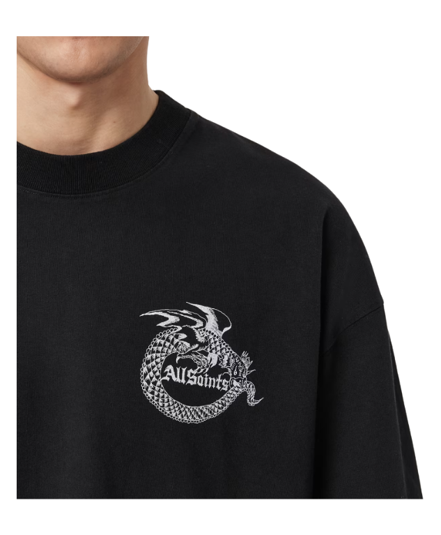 AllSaints TERRA Oversized Graphic T-shirt in jet black with hand-drawn graphic and vintage feel.