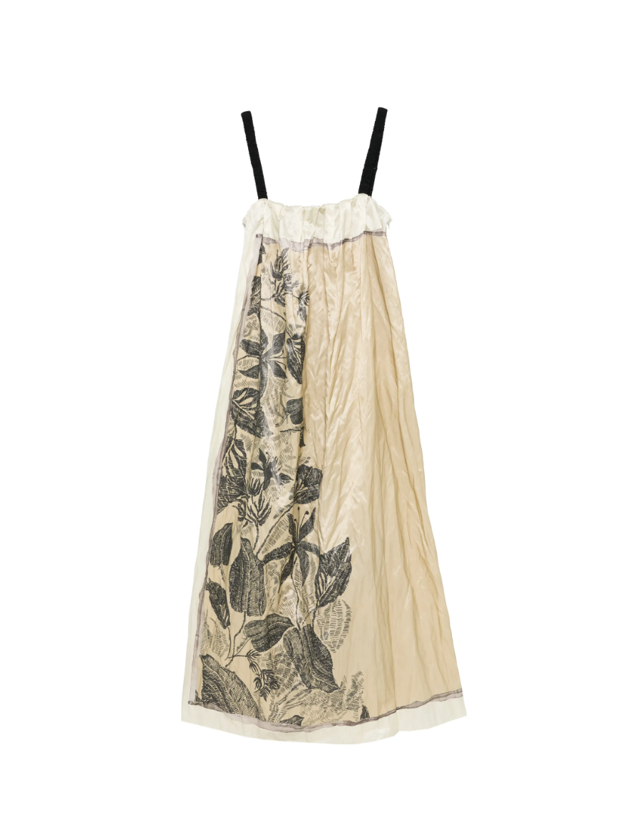 Tela D. Erin midi dress in beige with floral print, straps, and gathered details.
