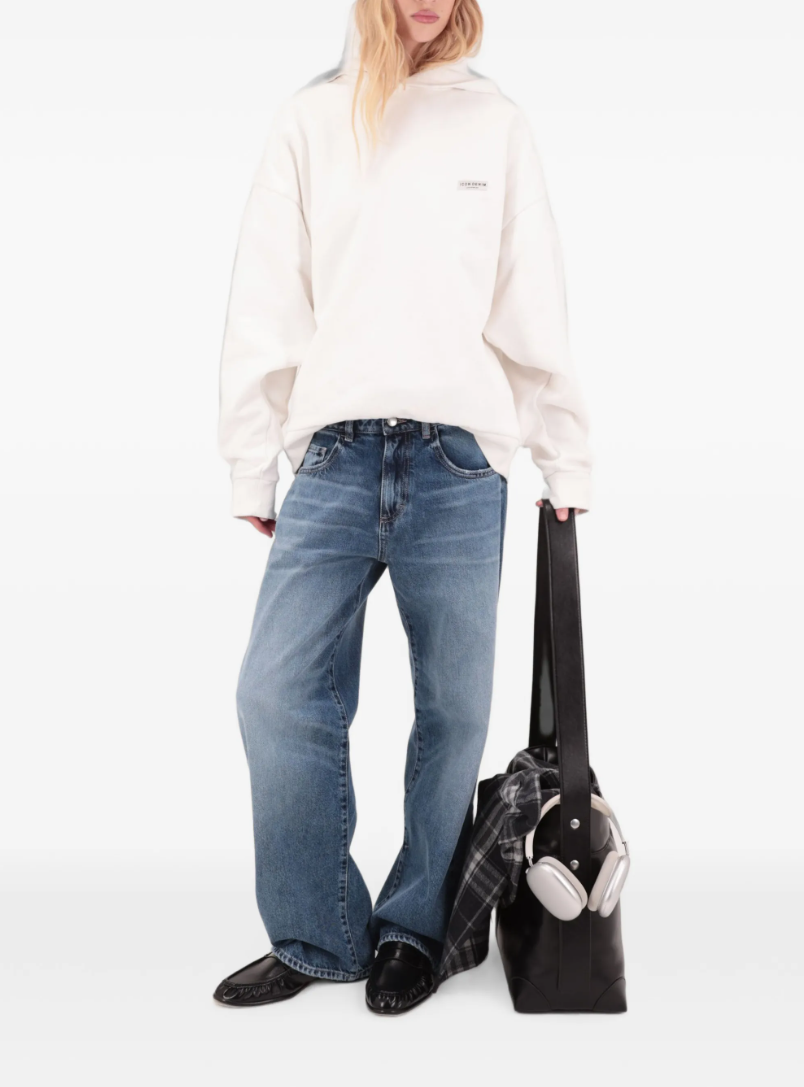 Icon Denim Bea wide-leg jeans in Faded Blue crafted from 100% rigid cotton denim with a low-rise fit.
