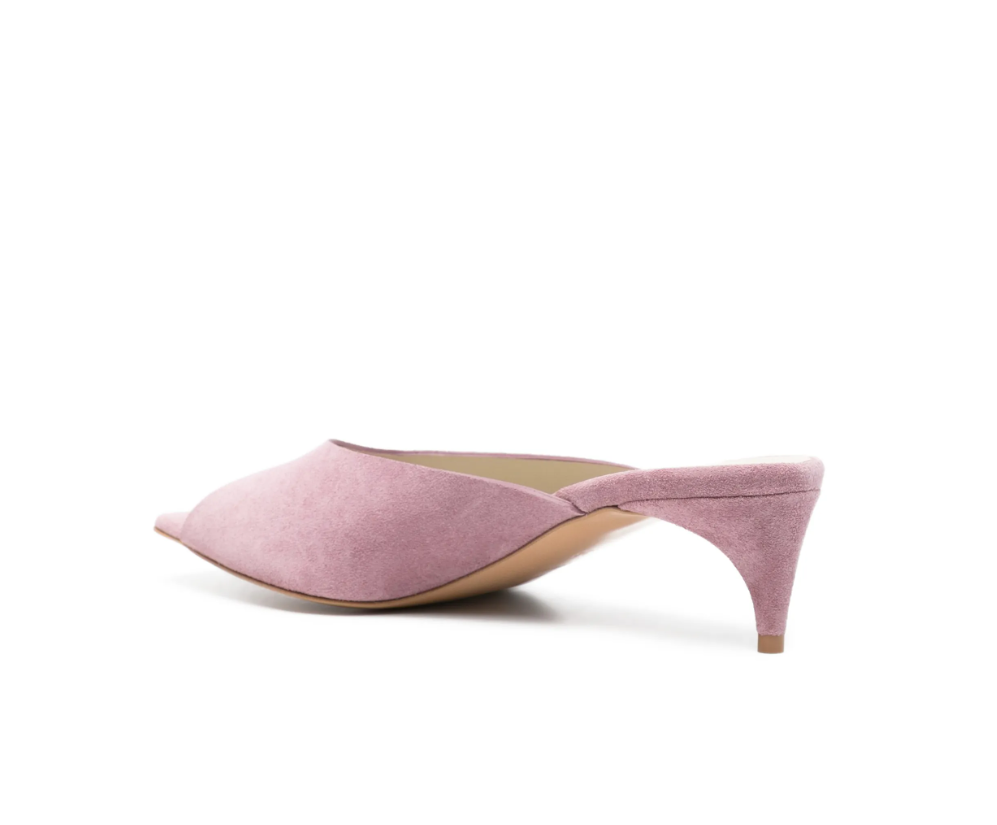 Pink square-toe slippers by Tela in suede, made in Italy with peep-toe design and curved heel for chic, modern style.