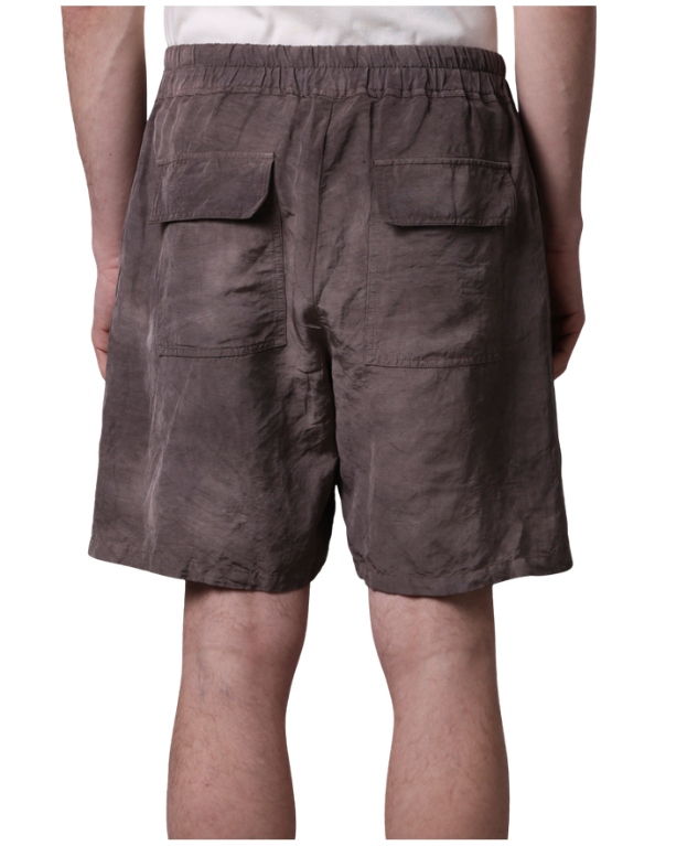 Roberto Collina hand treated bermuda in brown with drawstring waist, side pockets, and viscose-linen blend.